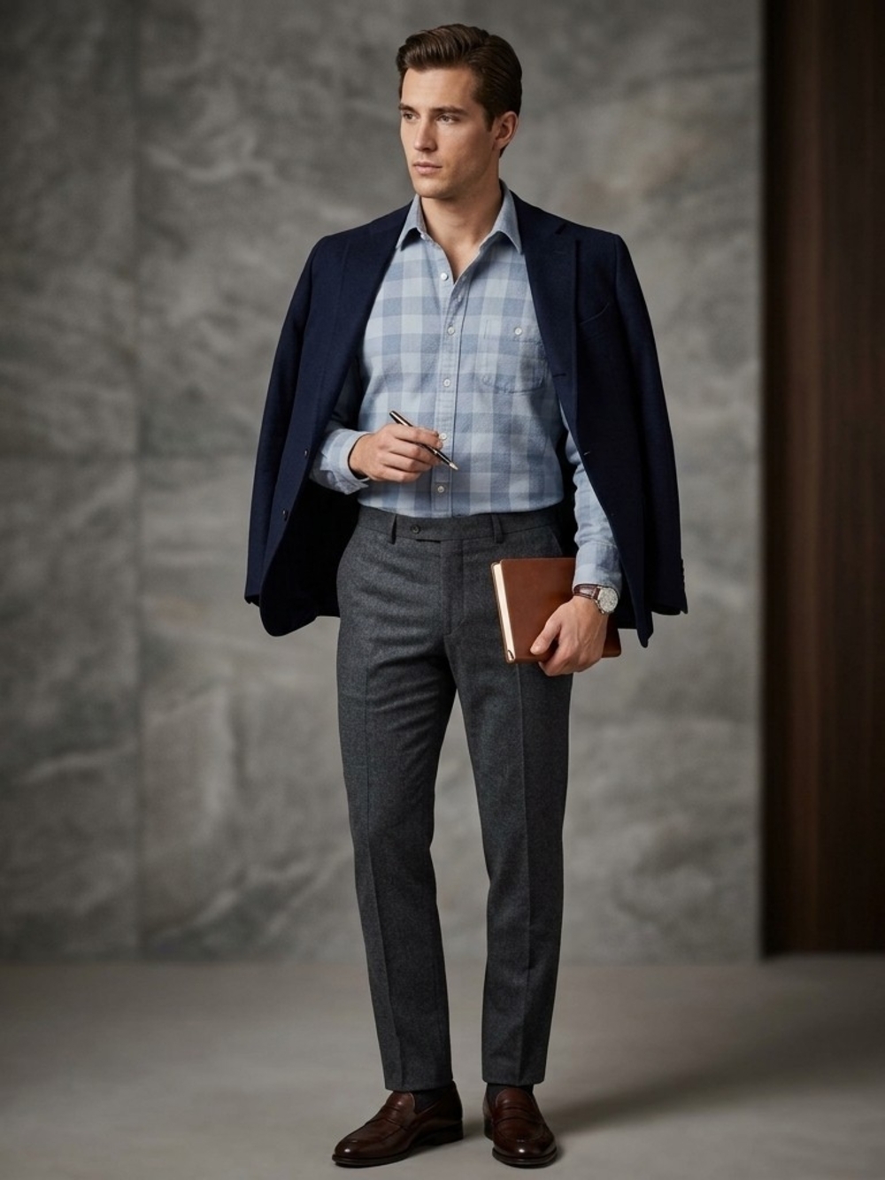 J. Crew Navy Blazer with Light Blue Plaid Shirt and Charcoal Trousers